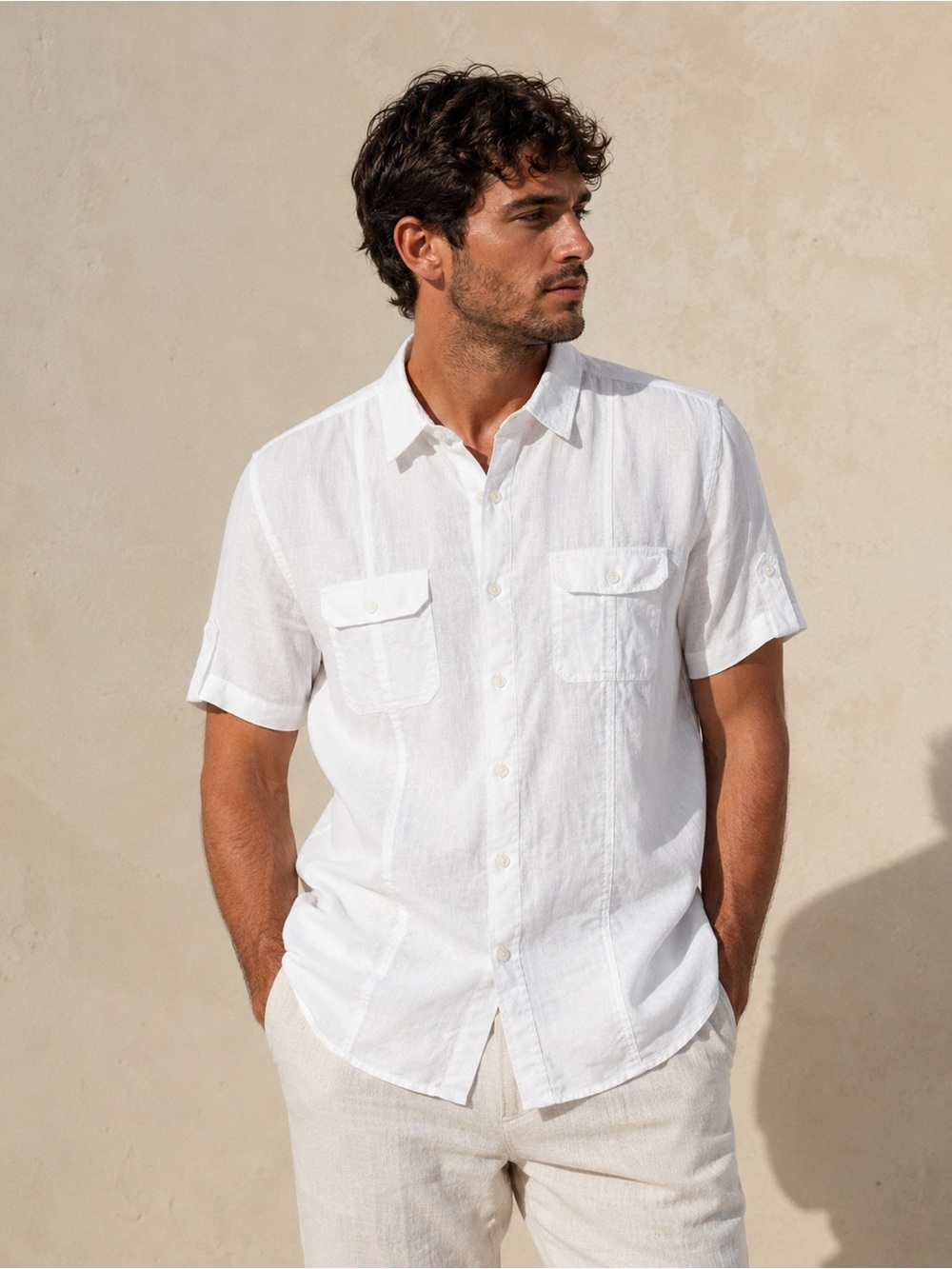 Simons Le 31 White Short-Sleeve Button-Up Shirt linen size medium